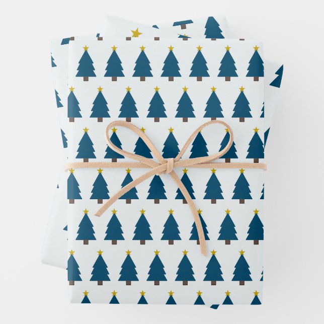 Blue Christmas Tree and Golden Star, Side-by-Side Wrapping Paper Sheets (In situ)