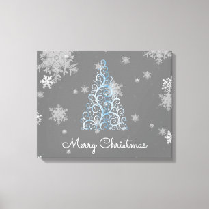 Blue Christmas Tree and Snowflakes Canvas Print