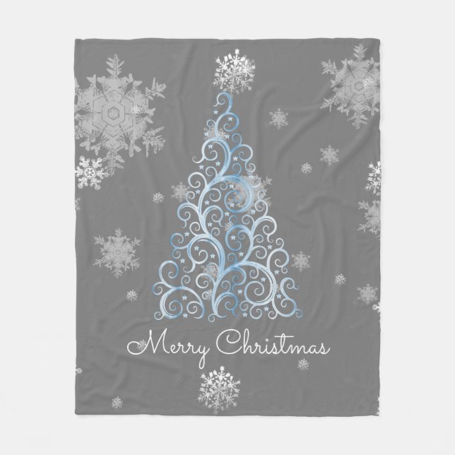 Blue Christmas Tree and Snowflakes Fleece Blanket (Front)