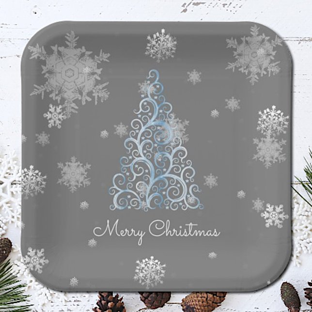 Blue Christmas Tree and Snowflakes Paper Plate (Blue Christmas Tree and Snowflakes Paper Plates)