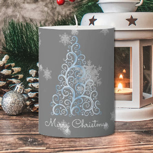 Blue Christmas Tree and Snowflakes Pillar Candle