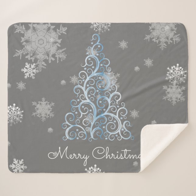 Blue Christmas Tree and Snowflakes Sherpa Blanket (Front (Horizontal))
