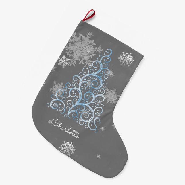 Blue Christmas Tree and Snowflakes Stocking (Front (Hanging))