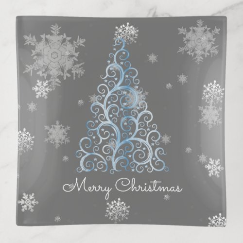 Blue Christmas Tree and Snowflakes Trinket Tray