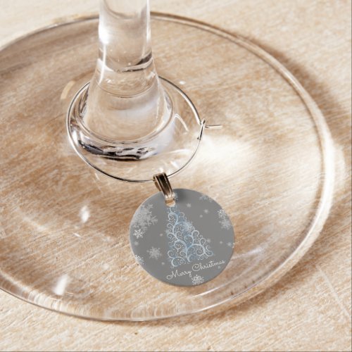 Blue Christmas Tree and Snowflakes Wine Charm