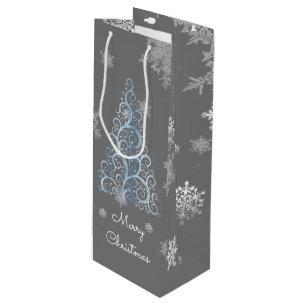 Blue Christmas Tree and Snowflakes Wine Gift Bag