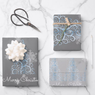 Blue Christmas Tree and Snowflakes Wrapping Paper