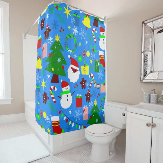 blue christmas tree black santa shower curtain (In Situ)
