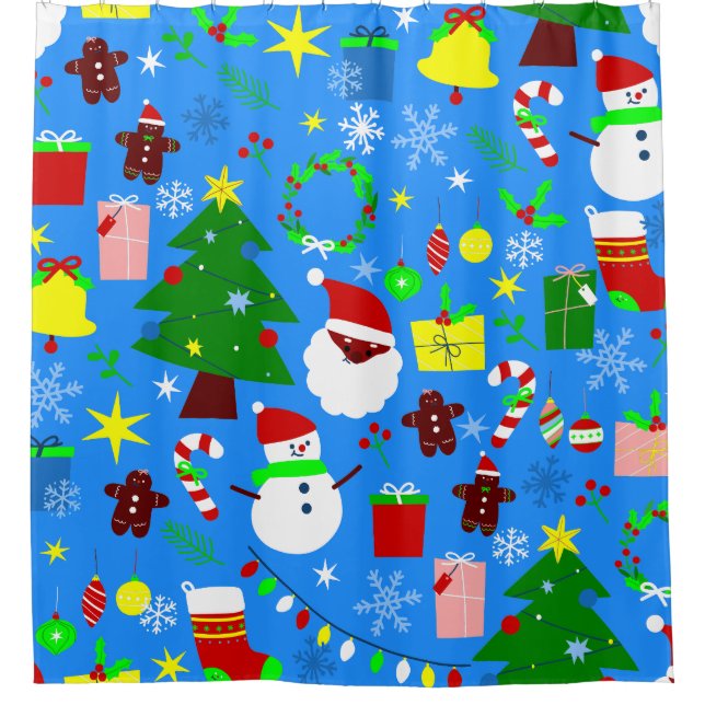 blue christmas tree black santa shower curtain (Front)