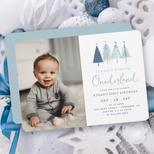 Blue Christmas Tree Boy 1st Birthday Photo Invitation