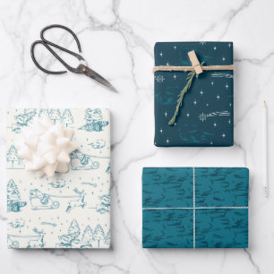 Blue Christmas Tree Clouds Shooting Star Holiday Wrapping Paper Sheets