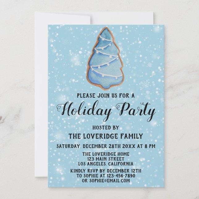 Blue Christmas Tree Cookie Holiday Party Snow Invitation (Front)