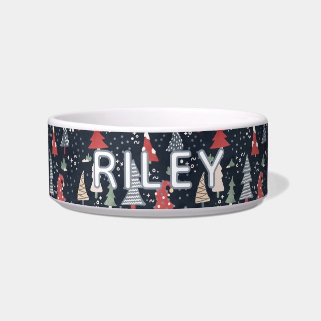 Blue Christmas Tree Design Personalized Dog Bowl (Front)