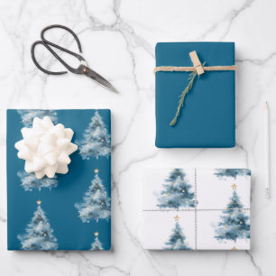 Blue Christmas Tree Gold Star Wrapping Paper Sheets