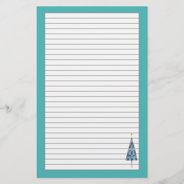 Blue Christmas Tree Holiday Gray Lined Stationery (Front)