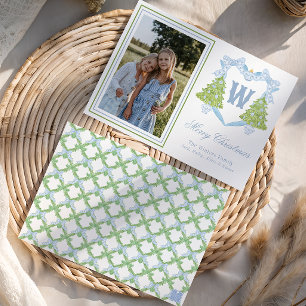 Blue Christmas Tree Monogram Crest Photo Holiday Card