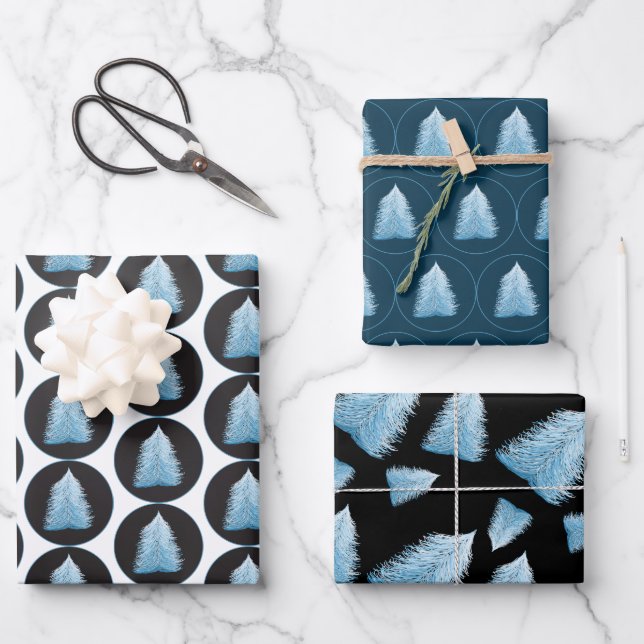 Blue Christmas Tree On Black And Blue Wrapping Paper Sheets (Front)