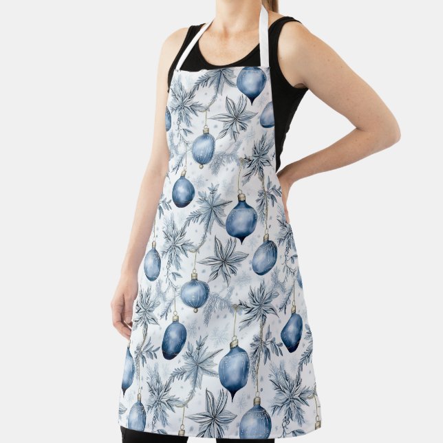 Blue Christmas Tree Ornaments Pattern Apron (Insitu)