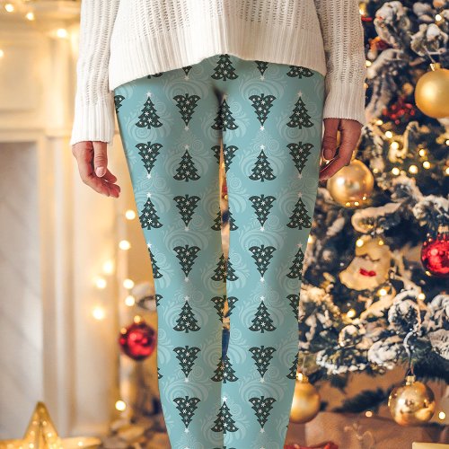 Blue Christmas Tree Pattern Holiday Leggings