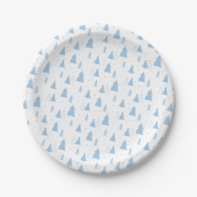 Blue Christmas Tree Pattern Paper Plates (Front)