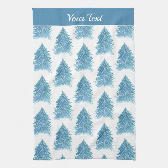 Blue Christmas Tree Pattern Watercolor Holiday  Kitchen Towel (Vertical)