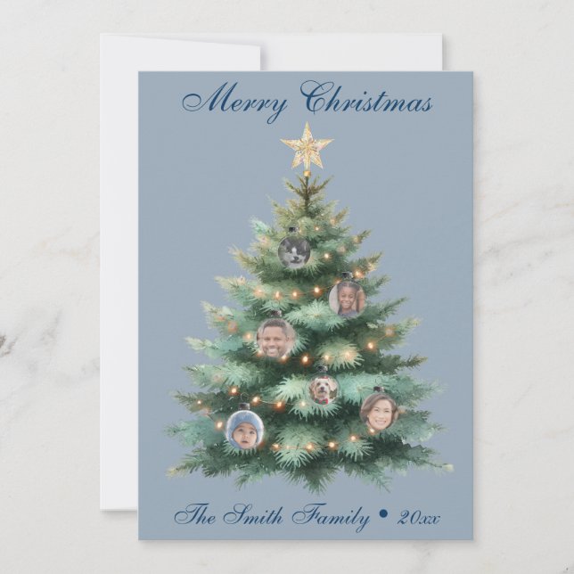 Blue Christmas Tree Photo Ornament  Holiday Card (Front)