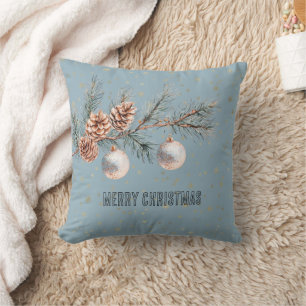 Blue Christmas Tree Pine Cones Ornaments   Throw Pillow
