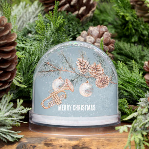 Blue Christmas Tree Pine Cones Ornaments Trumpet Snow Globe
