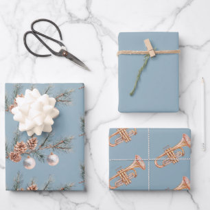 Blue Christmas Tree Pine Cones Ornaments Trumpet Wrapping Paper Sheets