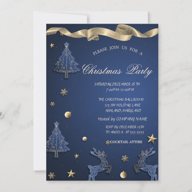 Blue Christmas Tree,Reindeer Corporate Party Invitation (Front)