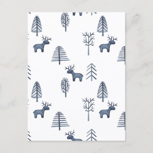 Blue Christmas Tree Reindeer Scandinavian Woodland Postcard