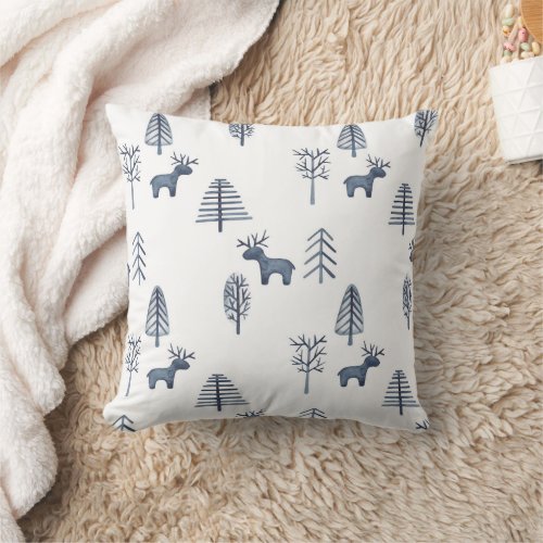 Blue Christmas Tree Reindeer Scandinavian Woodland Throw Pillow