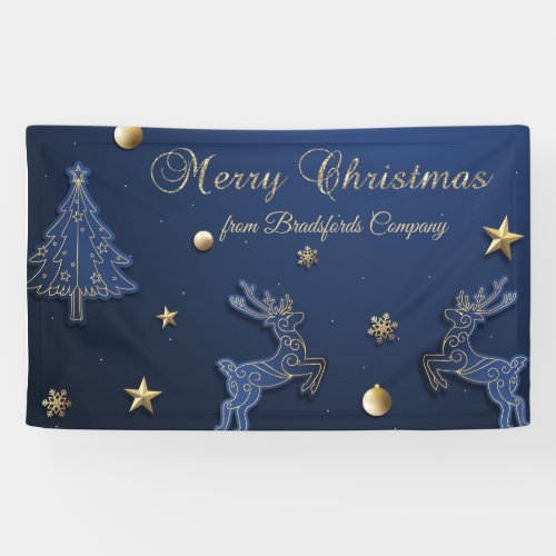 Blue Christmas Tree Reindeer Stars Banner
