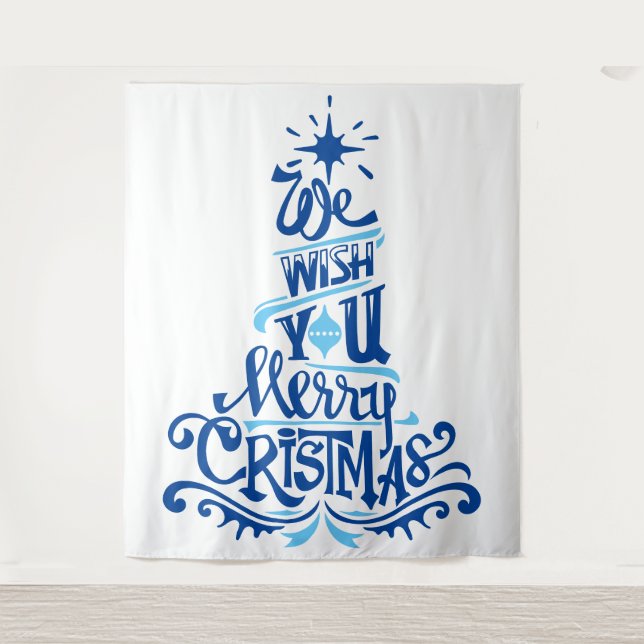 Blue Christmas tree sayings wishes greetings Tapestry (Front)