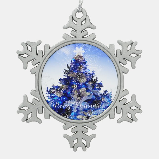 Blue Christmas tree Snowflake Pewter Christmas Ornament (Front)