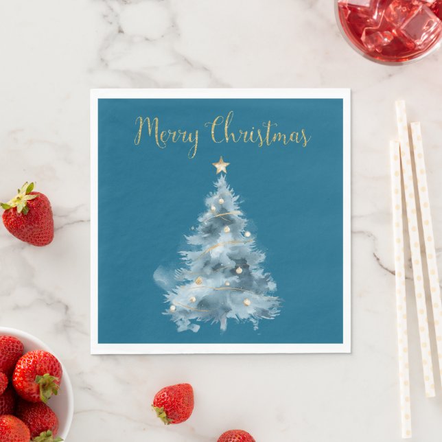 Blue Christmas Tree Star Glitter Christmas Napkins (Insitu)