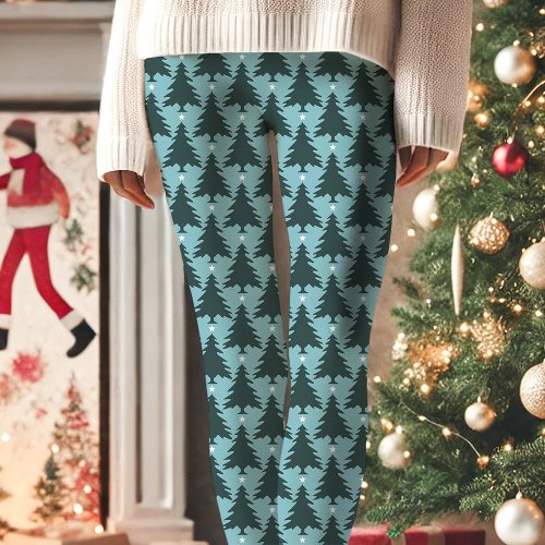 Blue Christmas Tree Star Pattern Holiday Leggings