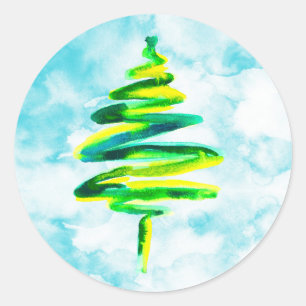 Blue Christmas Tree watercolor Classic Round Sticker