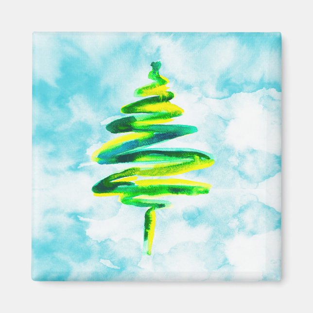 Blue Christmas Tree watercolor Magnet (Front)