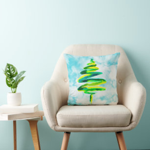 Blue Christmas Tree watercolor Throw Pillow