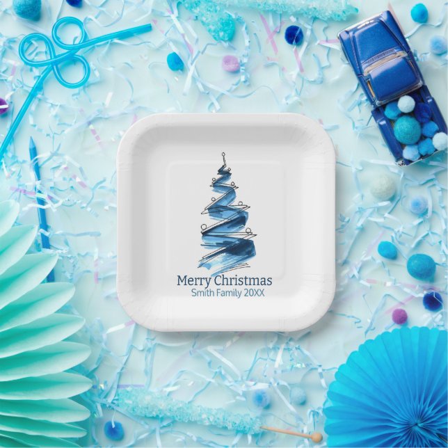 Blue Christmas Tree Watercolour  Paper Plates (Party)