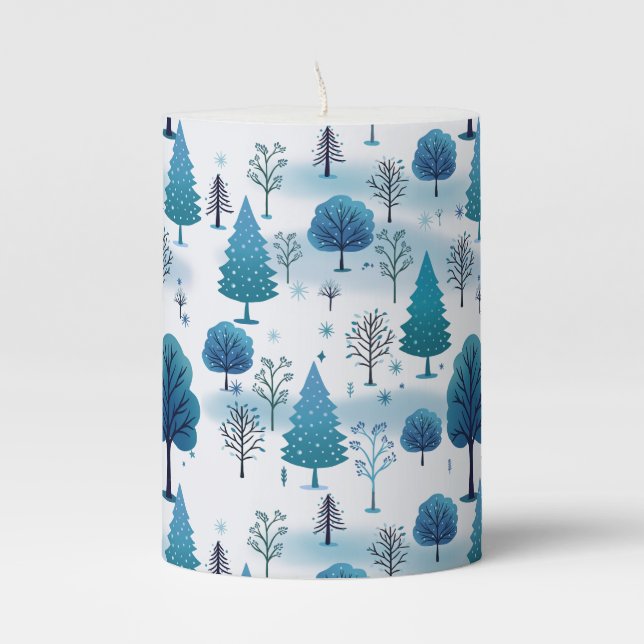 Blue Christmas Tree Winter Scene  Pillar Candle (Front)