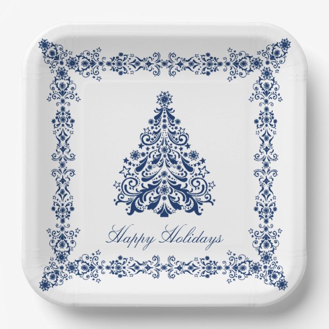 Blue Christmas Tree Your Background and Text  Paper Plates (Front)