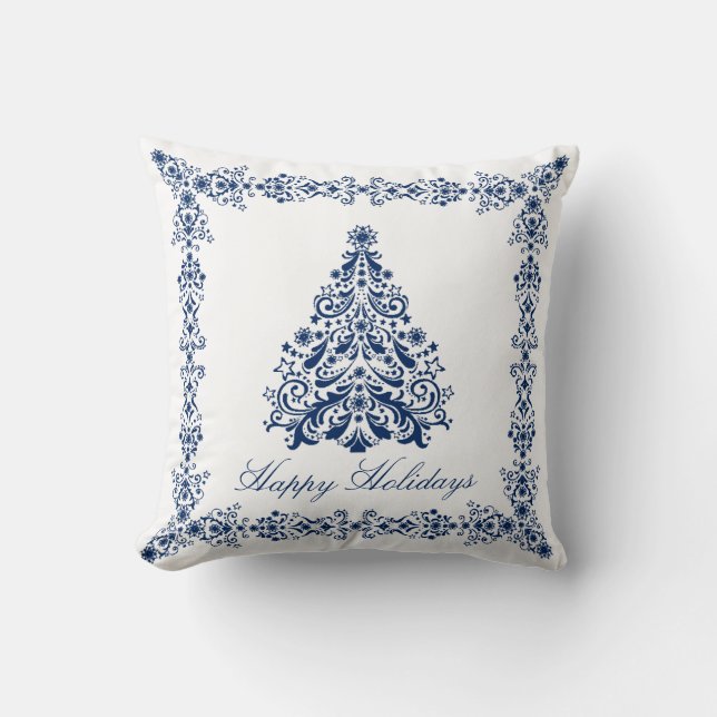 Blue Christmas Tree Your Background and Text Throw Pillow (Front)