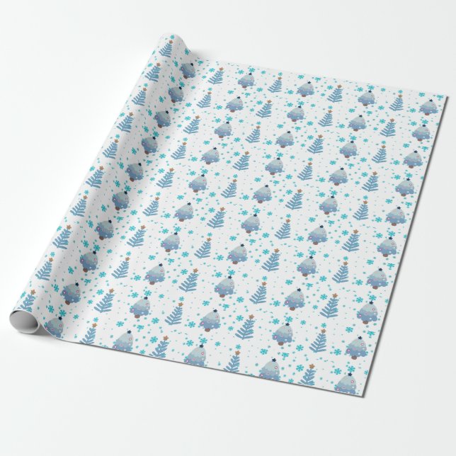 Blue Christmas trees and snow  Wrapping Paper (Unrolled)