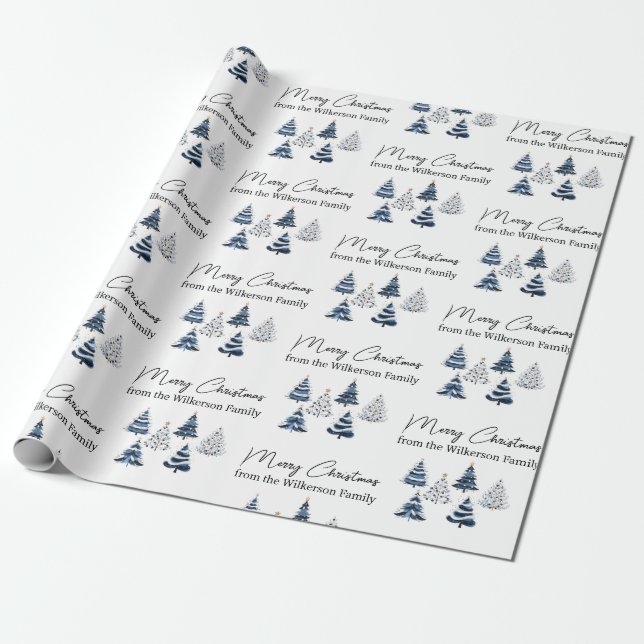 Blue Christmas Trees Custom Name Wrapping Paper (Unrolled)