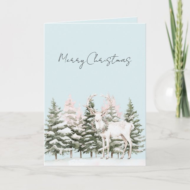 Blue Christmas Trees Deer in Snow Card (Front)