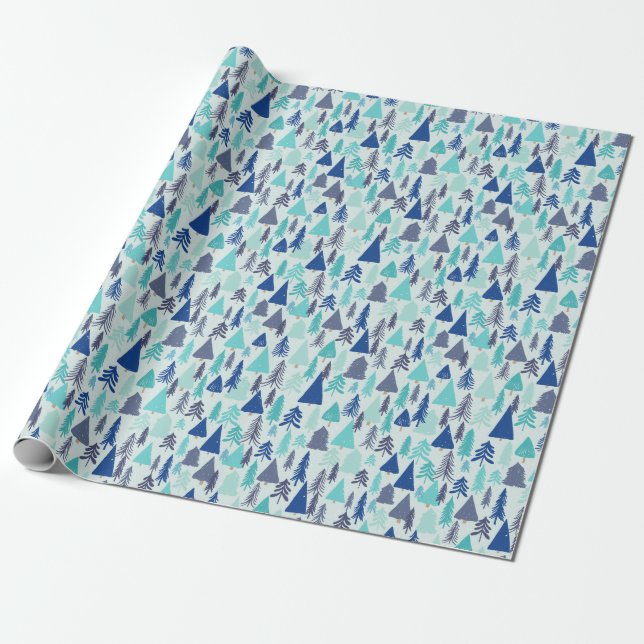 Blue Christmas Trees in an Evergreen Forest Wrapping Paper (Unrolled)