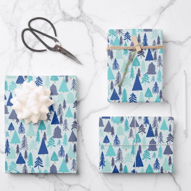 Blue Christmas Trees in an Evergreen Forest Wrapping Paper Sheets (Front)
