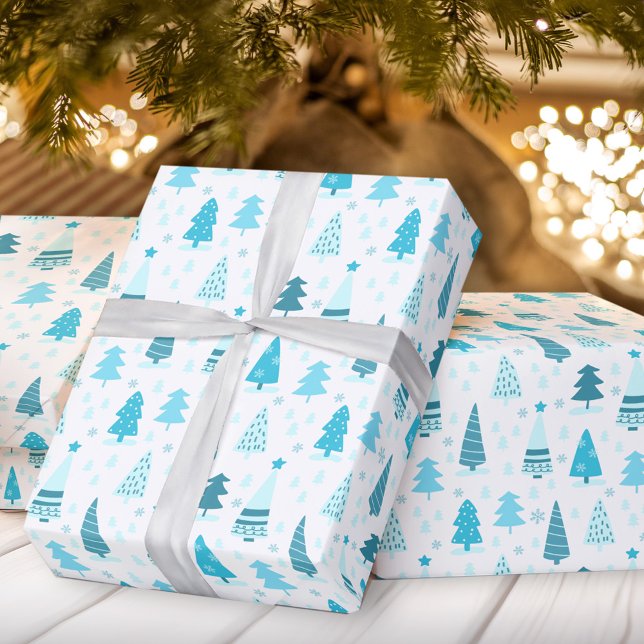 Blue Christmas Trees Modern Christmas  Wrapping Paper (Blue Christmas trees Christmas wrapping paper)